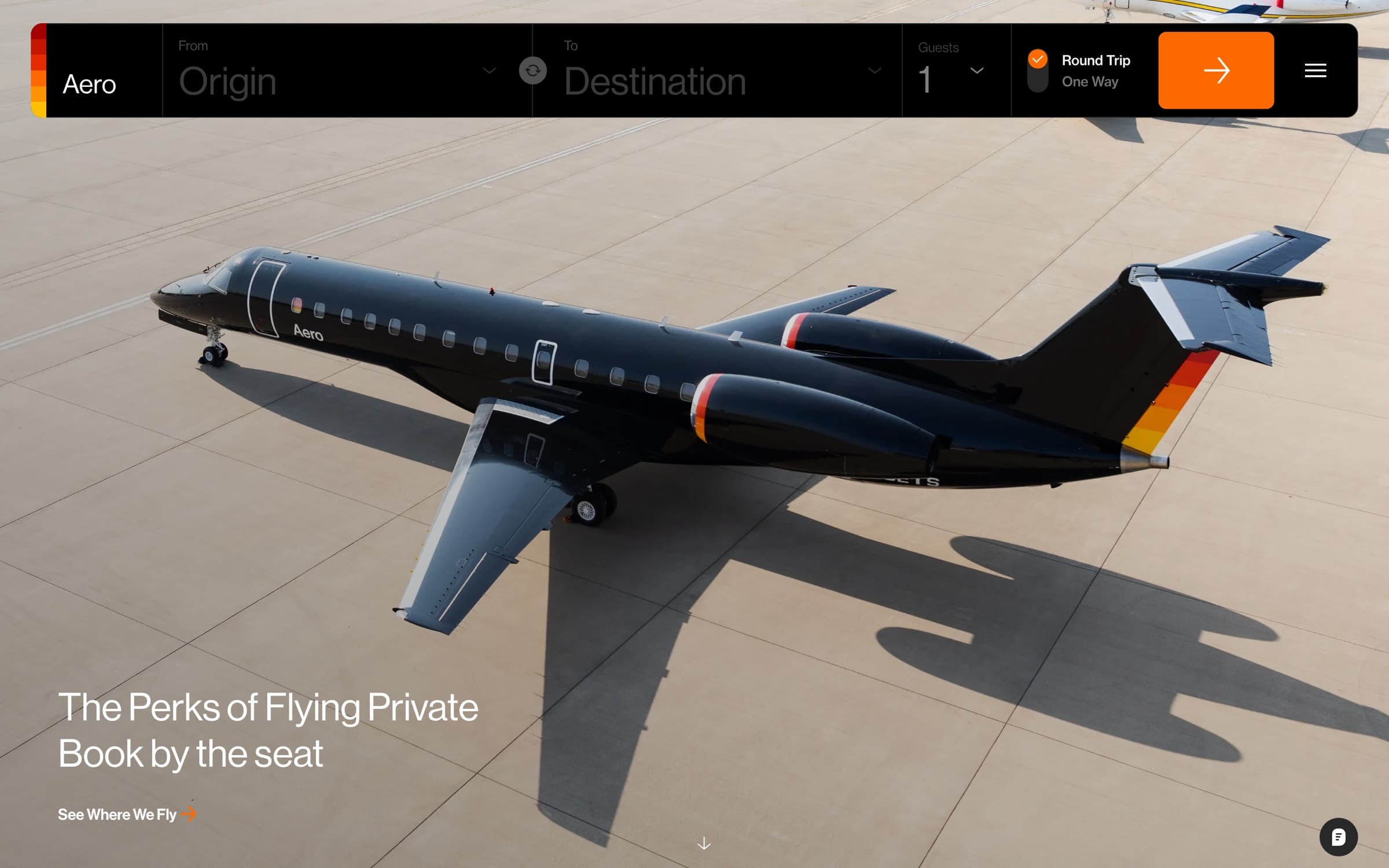 Aero website, 2024: a booking bar with origin, destination and guests over an aerial photo of an Aero jet: 'The Perks of Flying Private. Book by the seat.'