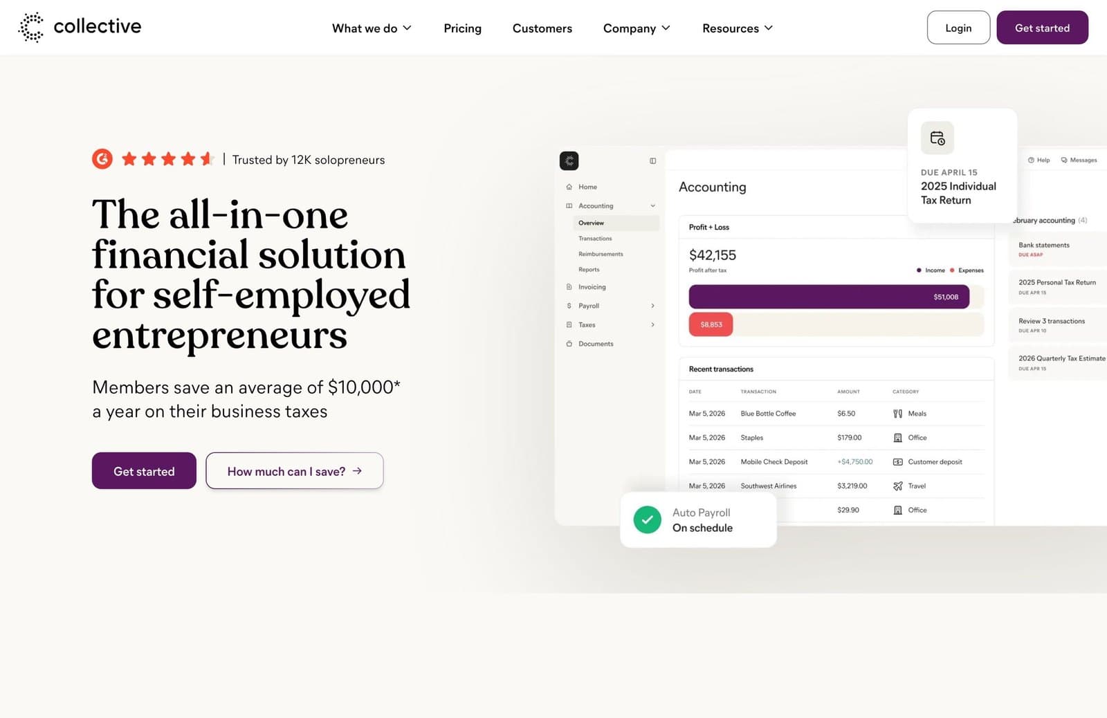 Collective homepage: 'The all-in-one financial solution for self-employed entrepreneurs' beside an accounting dashboard